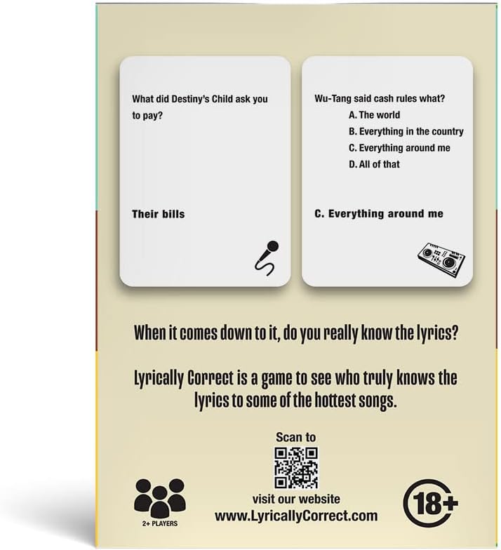 Lyrically Correct 90's and 2000's Hip Hop & R&B Music Trivia Card Game for Friends, Fun Party Game for Adults, Family Gatherings, Game Nights, and Finish The Lyrics Challenge 90's and 00's Hip Hop and R&B