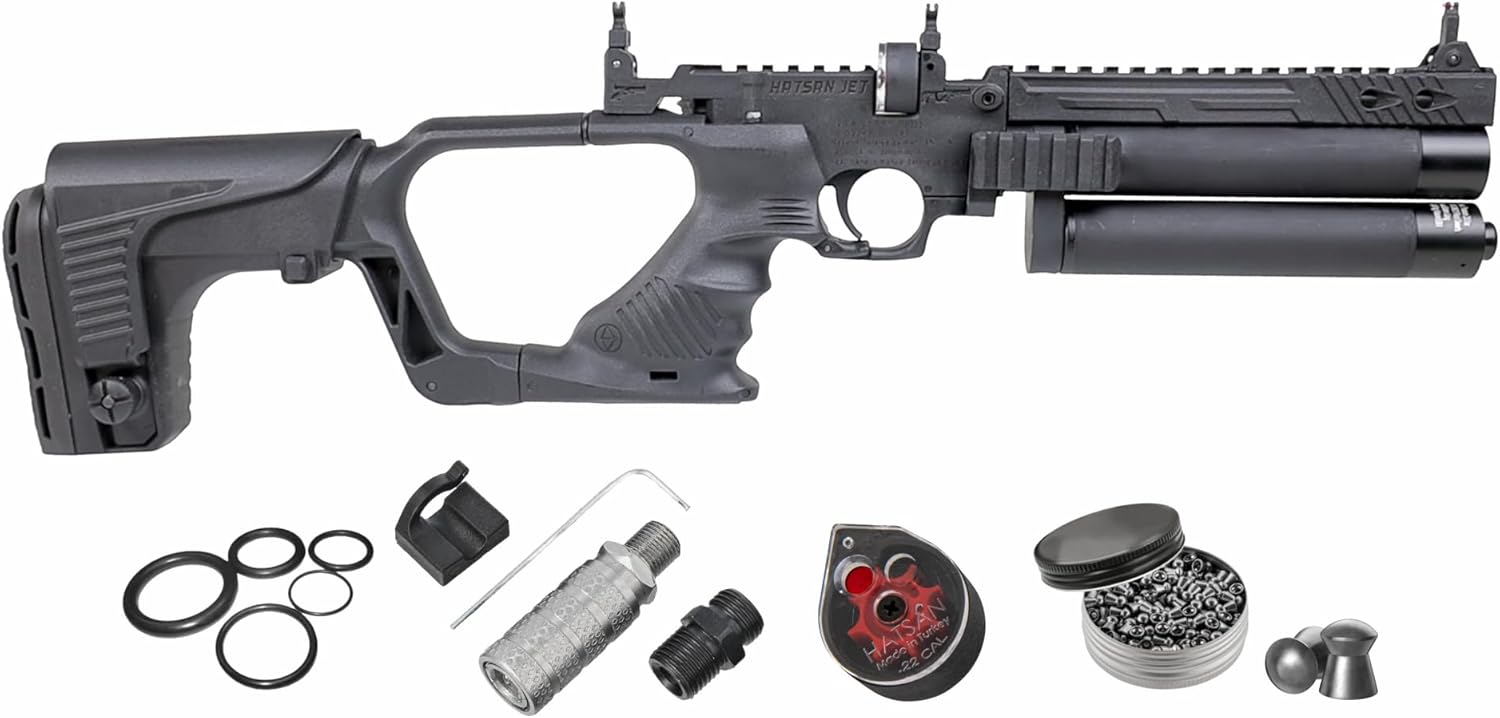 HATSAN Jet Black PCP Airgun, Air Pistol Converts to Air Rifle with Wearable4U Pellets Bundle Jet 2 .22 cal