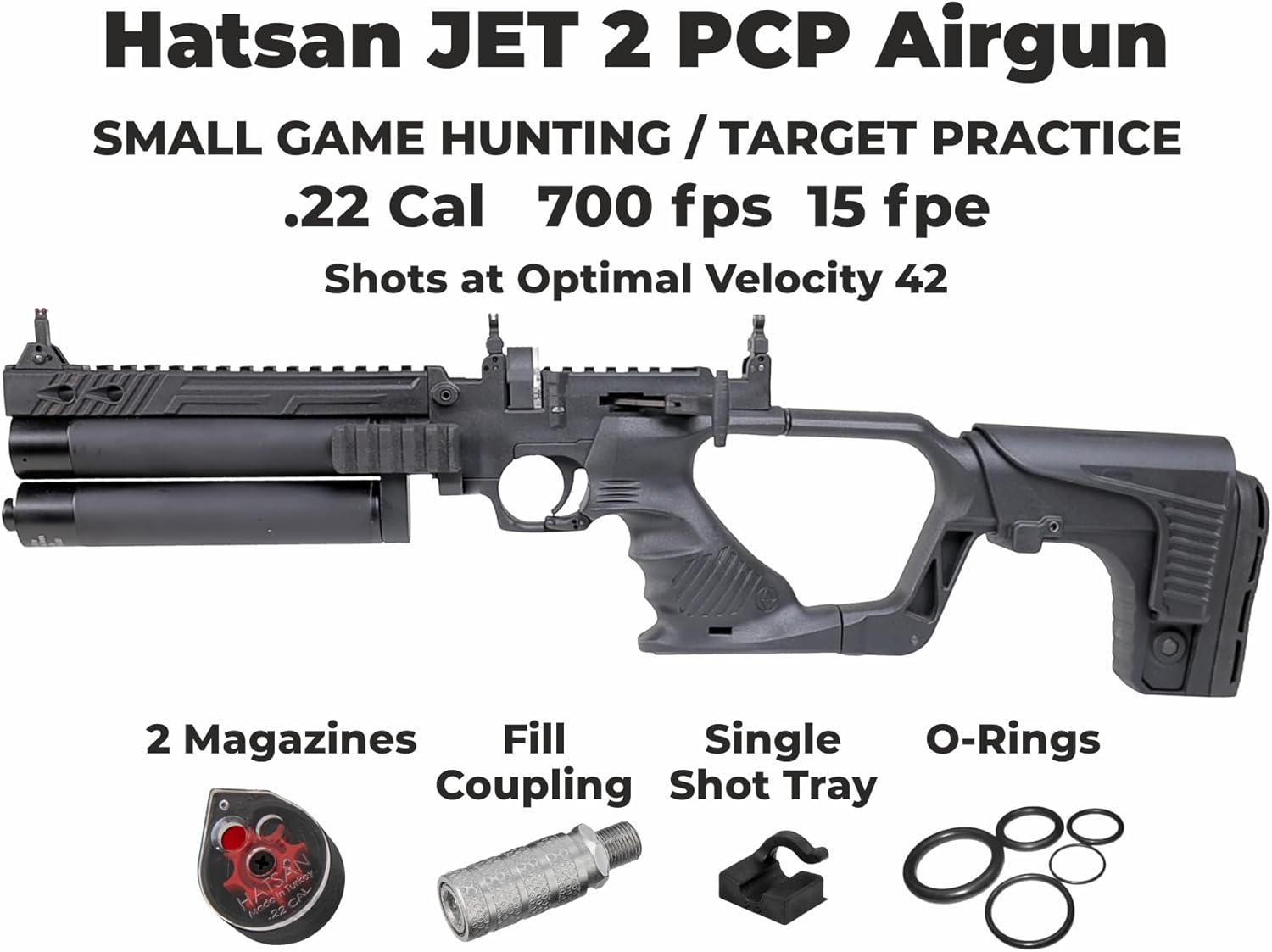 HATSAN Jet Black PCP Airgun, Air Pistol Converts to Air Rifle with Wearable4U Pellets Bundle Jet 2 .22 cal