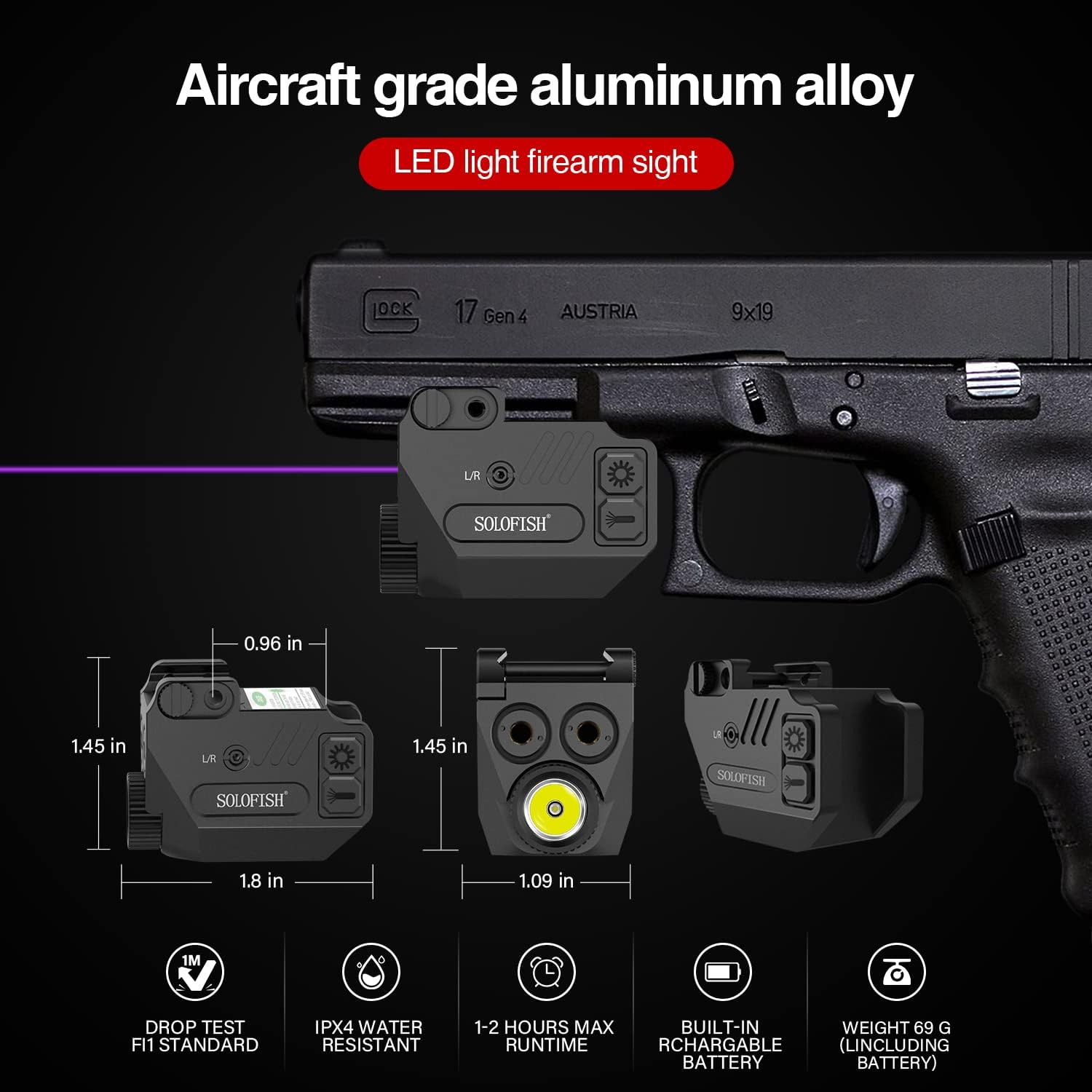 SOLOFISH 500lm Pistol Light and Purple/Infrared (IR)/Green Blue Beam Combo, Rechargeable Aluminum Weapon Light and Beams for Guns with a Rail