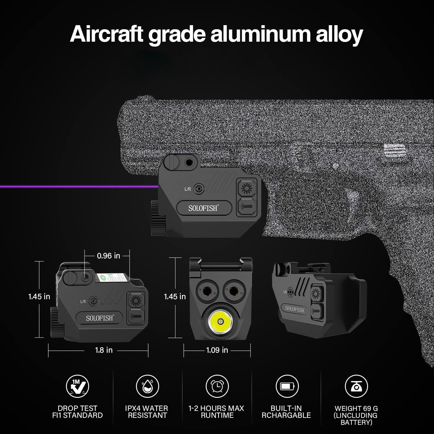 SOLOFISH 500lm Pistol Light and Purple/Infrared (IR)/Green Blue Beam Combo, Rechargeable Aluminum Weapon Light and Beams for Guns with a Rail Purple & Green Laser Light Combo