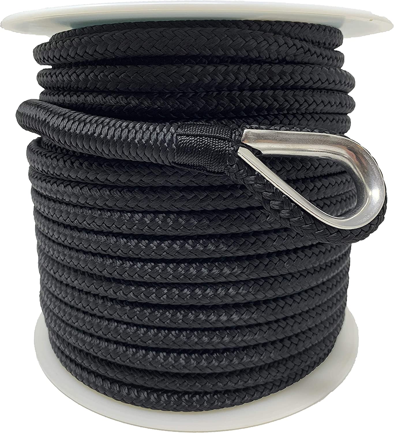 Rainier Supply Co. Boat Anchor Line - 150 ft x 1/2 inch Anchor Rope - Double Braided Nylon Anchor Boat Rope with 316SS Thimble and Heavy Duty Marine Grade Snap Hook - Black 150 ft x 1/2 inches Black