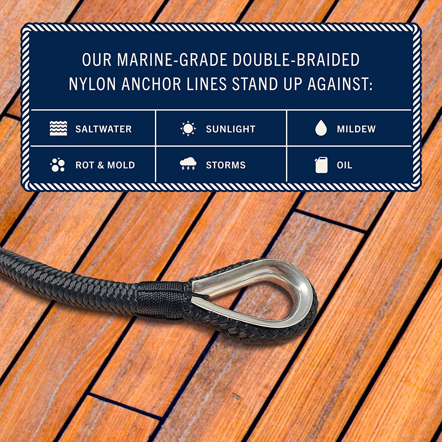 Rainier Supply Co. Boat Anchor Line - 150 ft x 1/2 inch Anchor Rope - Double Braided Nylon Anchor Boat Rope with 316SS Thimble and Heavy Duty Marine Grade Snap Hook - Black 150 ft x 1/2 inches Black