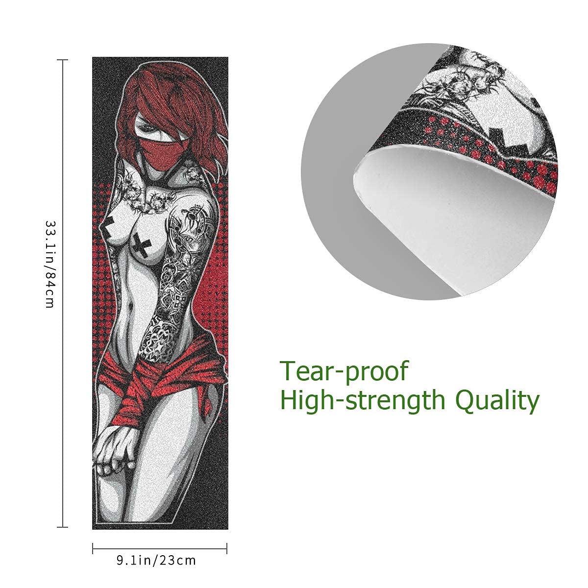 Hupery Skateboard Grip Tape Longboard Griptape Sexy Tattoo Women Waterproof Grip Tape Sheet Sticker Deck Sandpaper Griptape 33.1x 9.1 inch