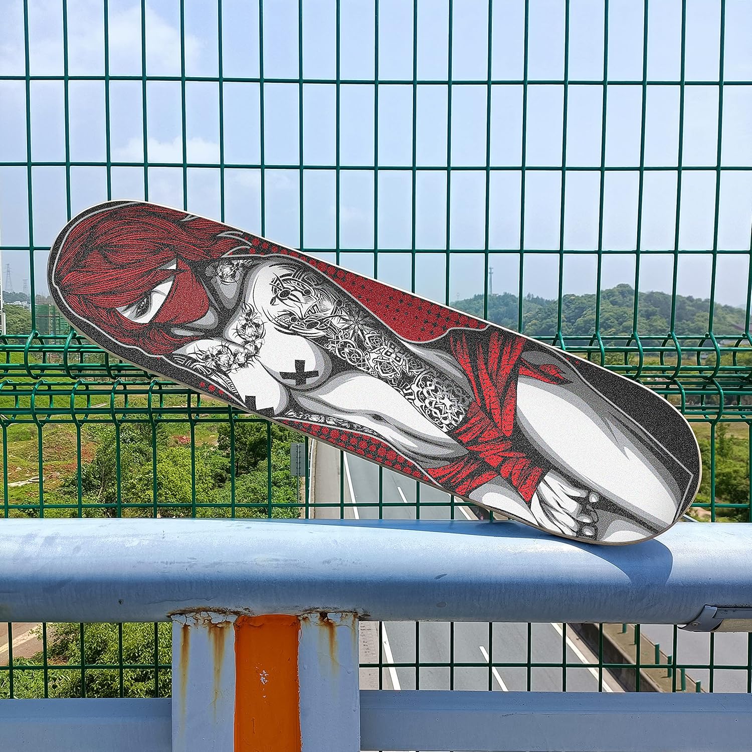 Hupery Skateboard Grip Tape Longboard Griptape Sexy Tattoo Women Waterproof Grip Tape Sheet Sticker Deck Sandpaper Griptape 33.1x 9.1 inch