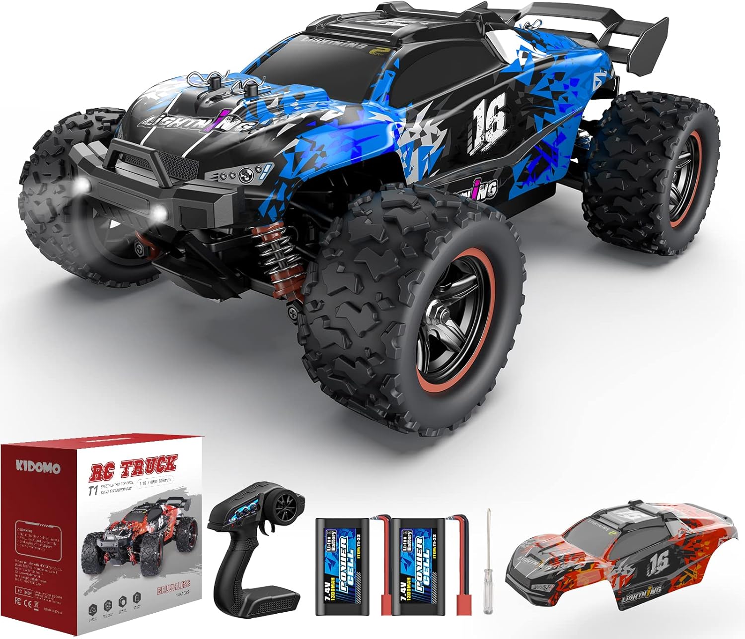 1:18 Scale Brushless RC Car - 60KM/H All Terrain High-Speed & Off-Road Remote Control Car with 2 Rechargeable Batteries Hobby Monster Car 4WD RC Truck Gifts for Kids and Adults, Red (T1)