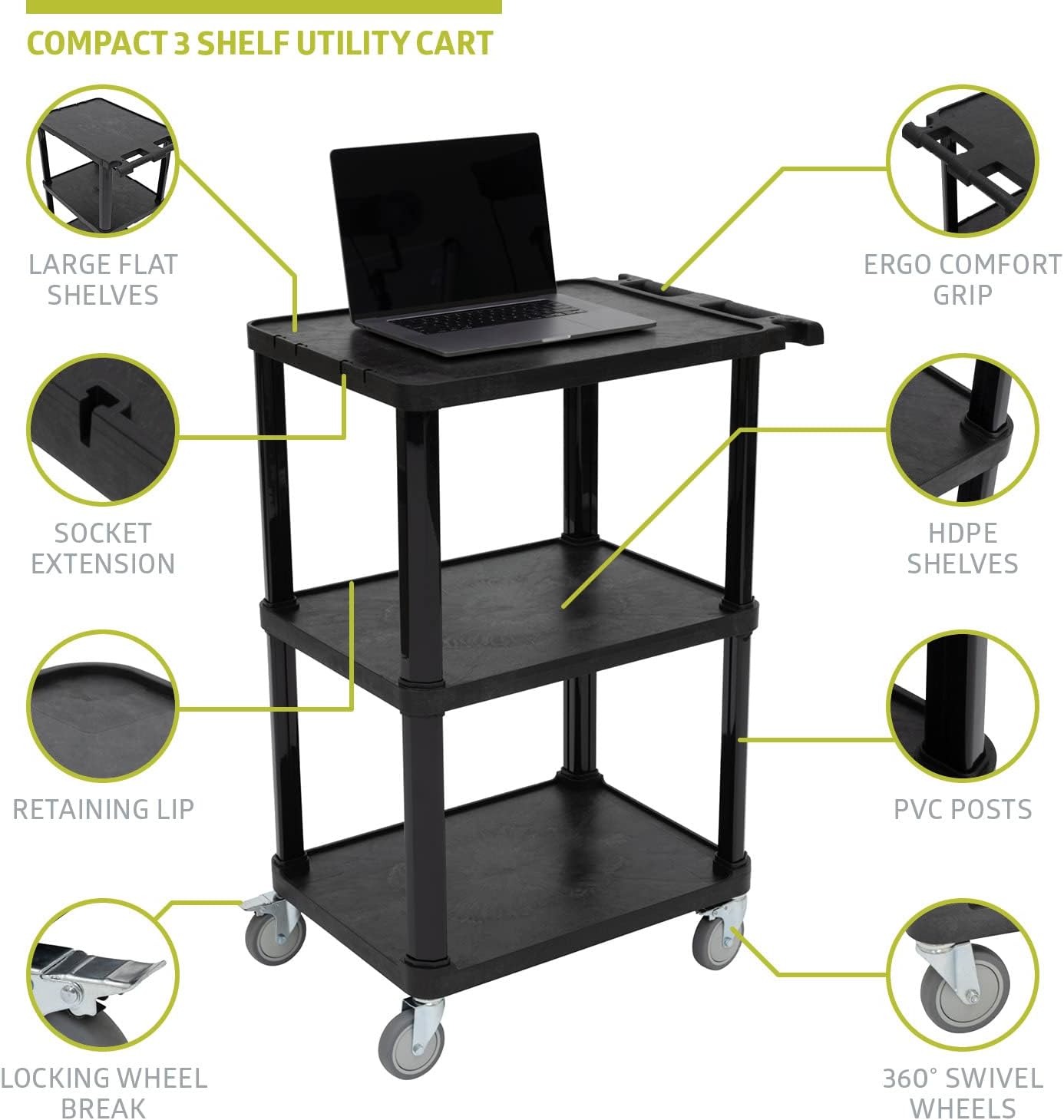Pearington 3-Tier Compact Multi-Purpose Plastic Utility Cart with Lockable Wheels up to 300LBS, Black