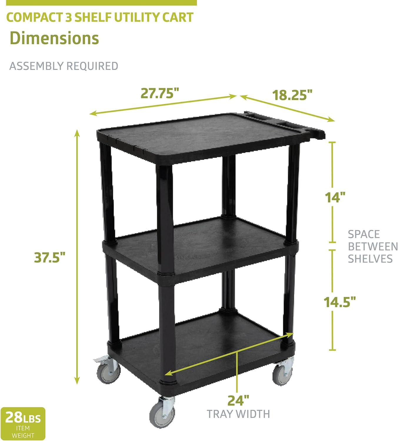 Pearington 3-Tier Compact Multi-Purpose Plastic Utility Cart with Lockable Wheels up to 300LBS, Black