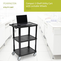 Pearington 3-Tier Compact Multi-Purpose Plastic Utility Cart with Lockable Wheels up to 300LBS, Black