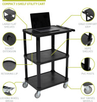 Pearington 3-Tier Compact Multi-Purpose Plastic Utility Cart with Lockable Wheels up to 300LBS, Black