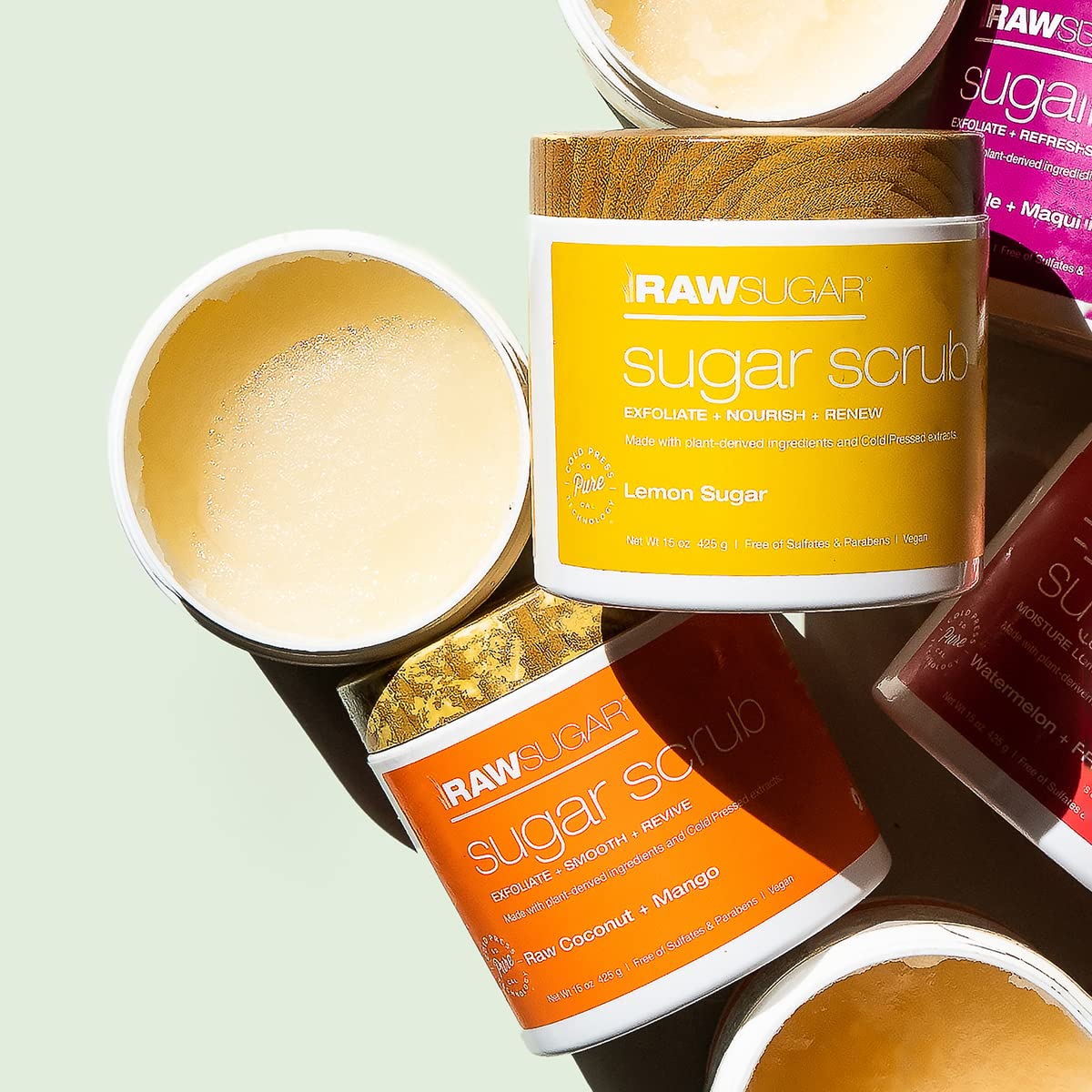 Raw Sugar Exfoliating Sugar Scrub Body Love Bundle (15 Oz, Pack of 2) Raw Coconut + Mango and Lemon Sugar, Helps Smooth & Nourish Dull, Flaky Skin, Formulated without Sulfates & Parabens, Vegan