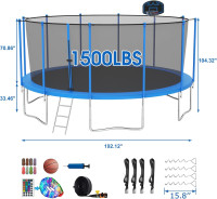 Tranpoline 1500LBS 16 15 14 12 10 8 FT Tranpoline for 7-10 Kids and Adults, Windproof Outdoor Tranpoline with Enclosure Net, Basketball Hoop, Easy to Install & Last Long - ASTM Approved