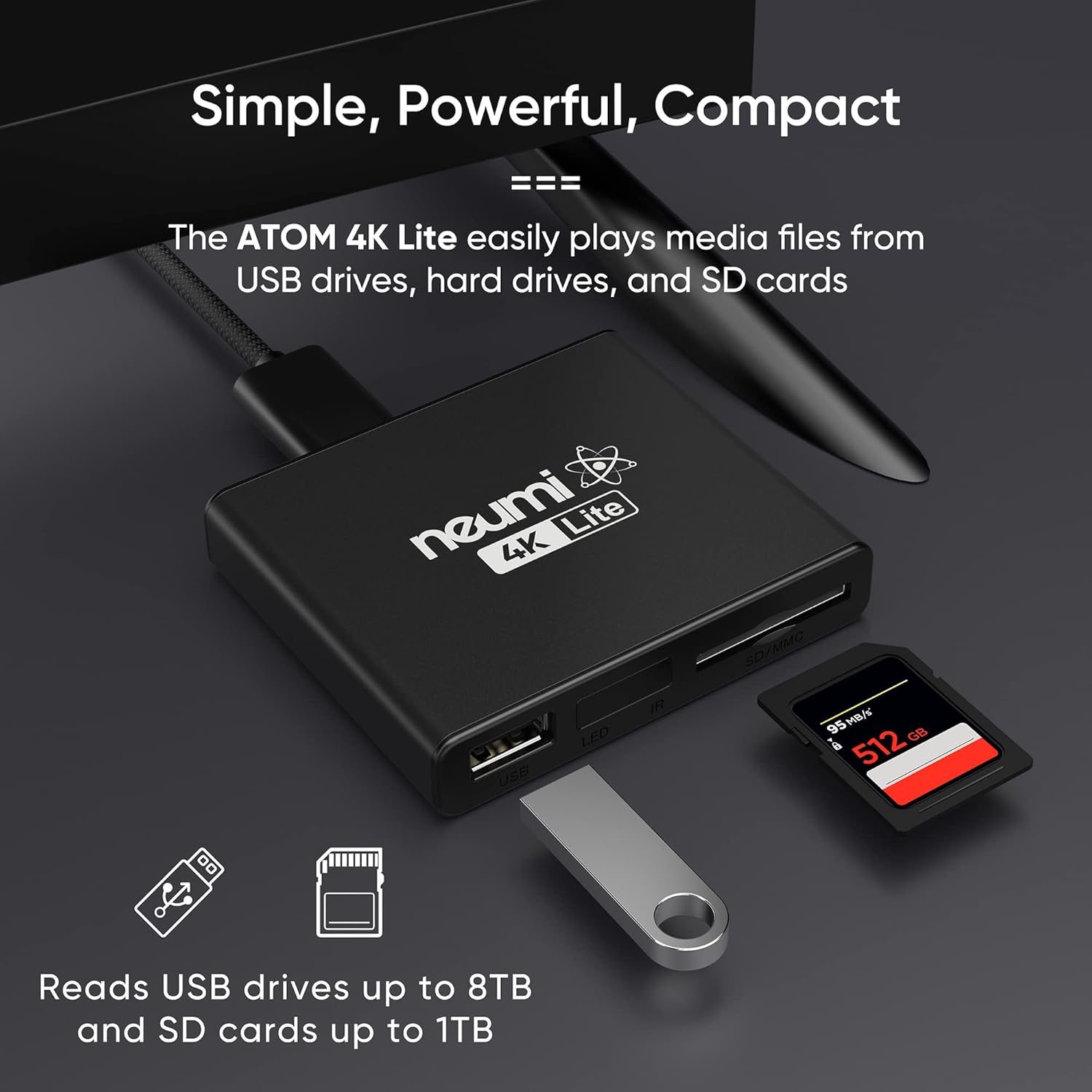 NEUMI Atom 4K Lite Ultra-HD Digital Media Player for USB Drives and SD Cards - Plays 4K/UHD Videos, HEVC/H.265, HDMI and Analog AV, Automatic Playback, Looping, Trigger Capability