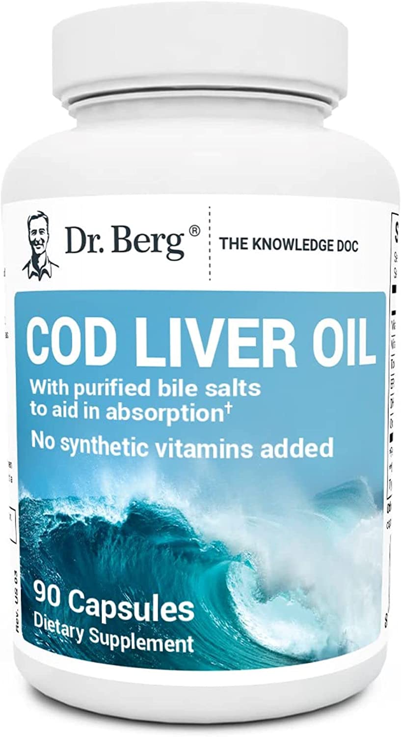 Dr. Berg's Cod Liver Oil - Source of Omega-3 Fatty Acids, Vitamins A & D Promoting DHA & EPA - Support Heart, Brain, Eye, Skin and Immune Health - Natural Fish Oils Supplements - 90 Capsules