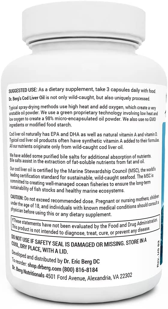 Dr. Berg's Cod Liver Oil - Source of Omega-3 Fatty Acids, Vitamins A & D Promoting DHA & EPA - Support Heart, Brain, Eye, Skin and Immune Health - Natural Fish Oils Supplements - 90 Capsules