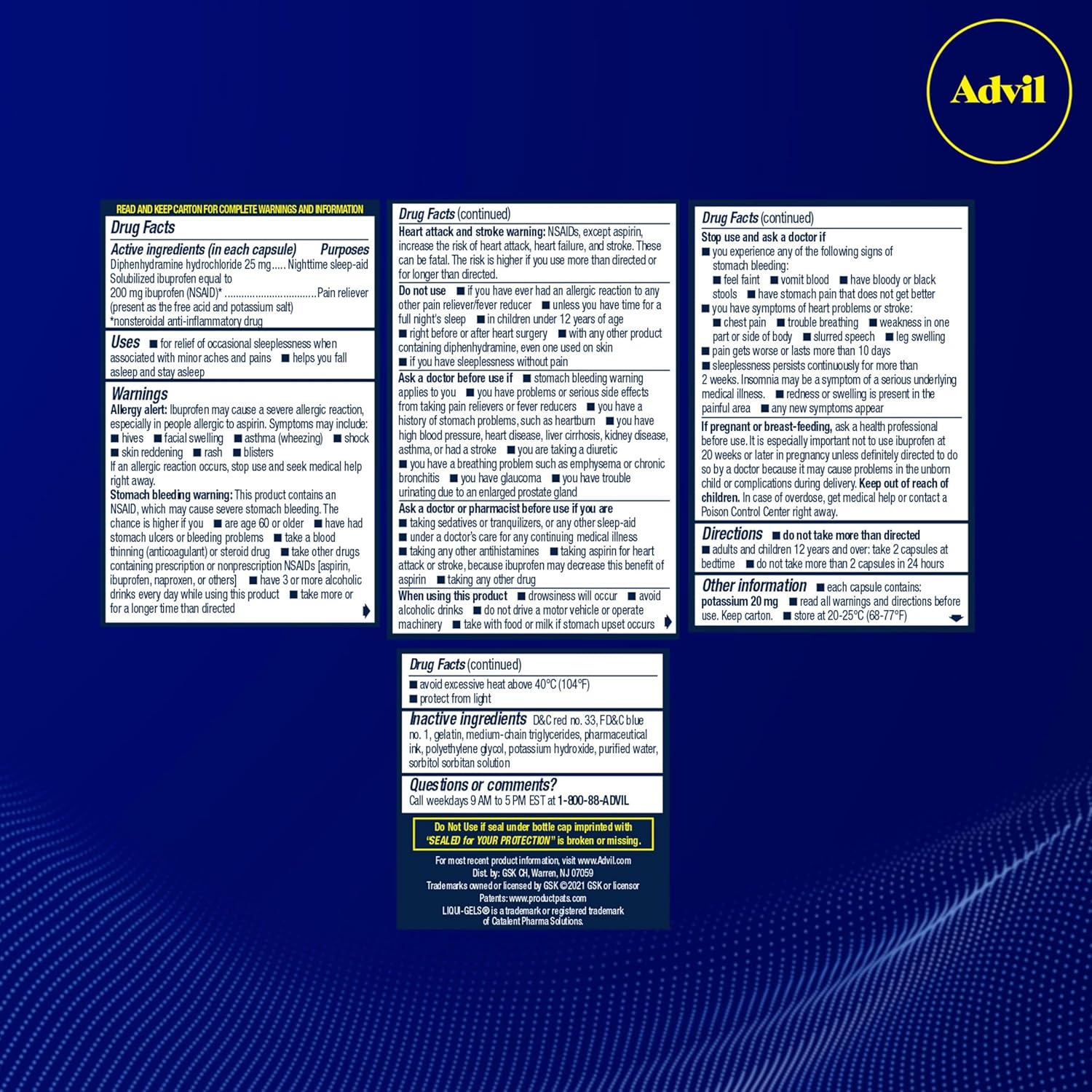 Advil PM Liqui-Gels Pain Reliever and Nighttime Sleep Aid, Pain Medicine with Ibuprofen for Pain Relief and Diphenhydramine HCL for a Sleep Aid - 2x80 Liquid Filled Capsules Liqui Gels Pack of 2