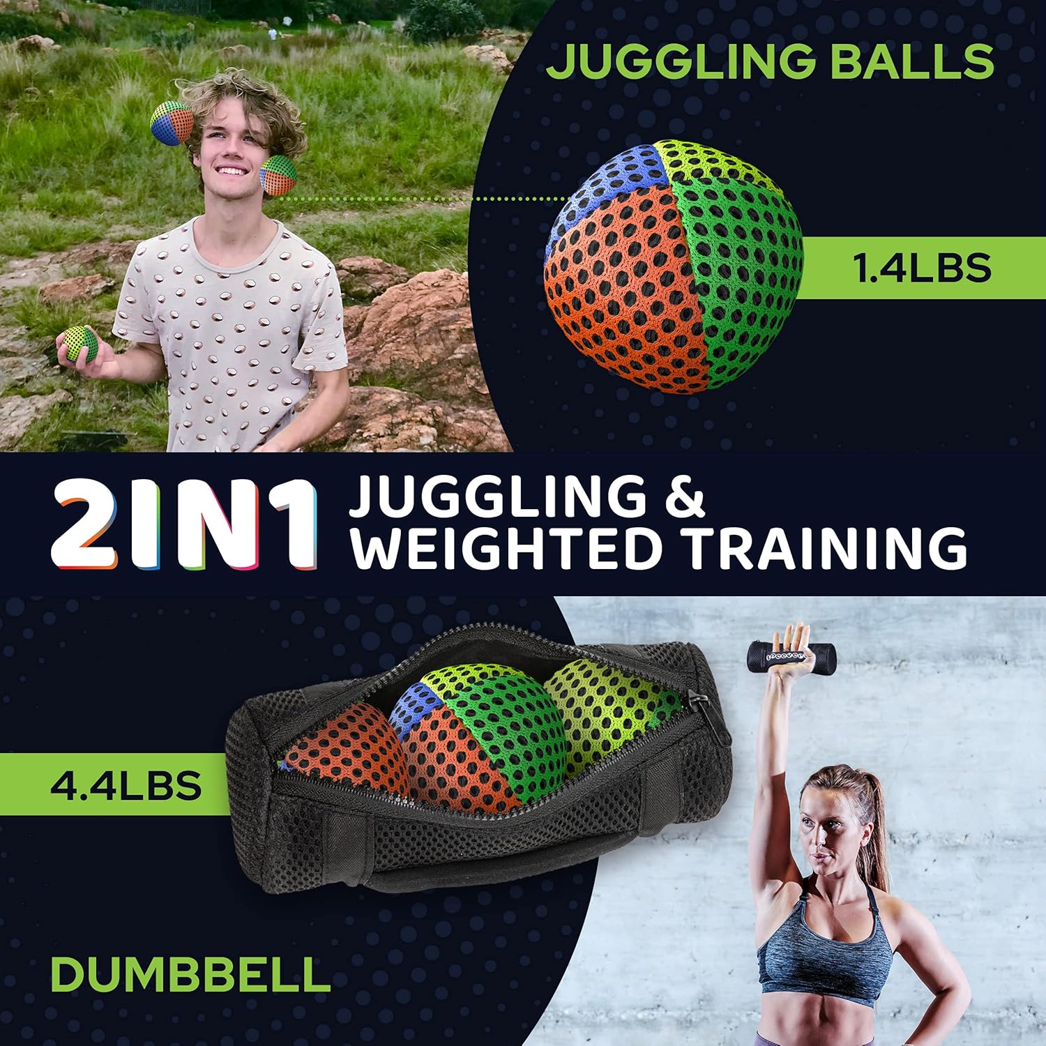 Weighted Juggling Balls for Fitness 650g, Set of 3 Power XBalls with Carry Pouch, Fun Indoor Home Workout Aids for Weight Loss and Training, Best Exercise Gifts for Men and Women