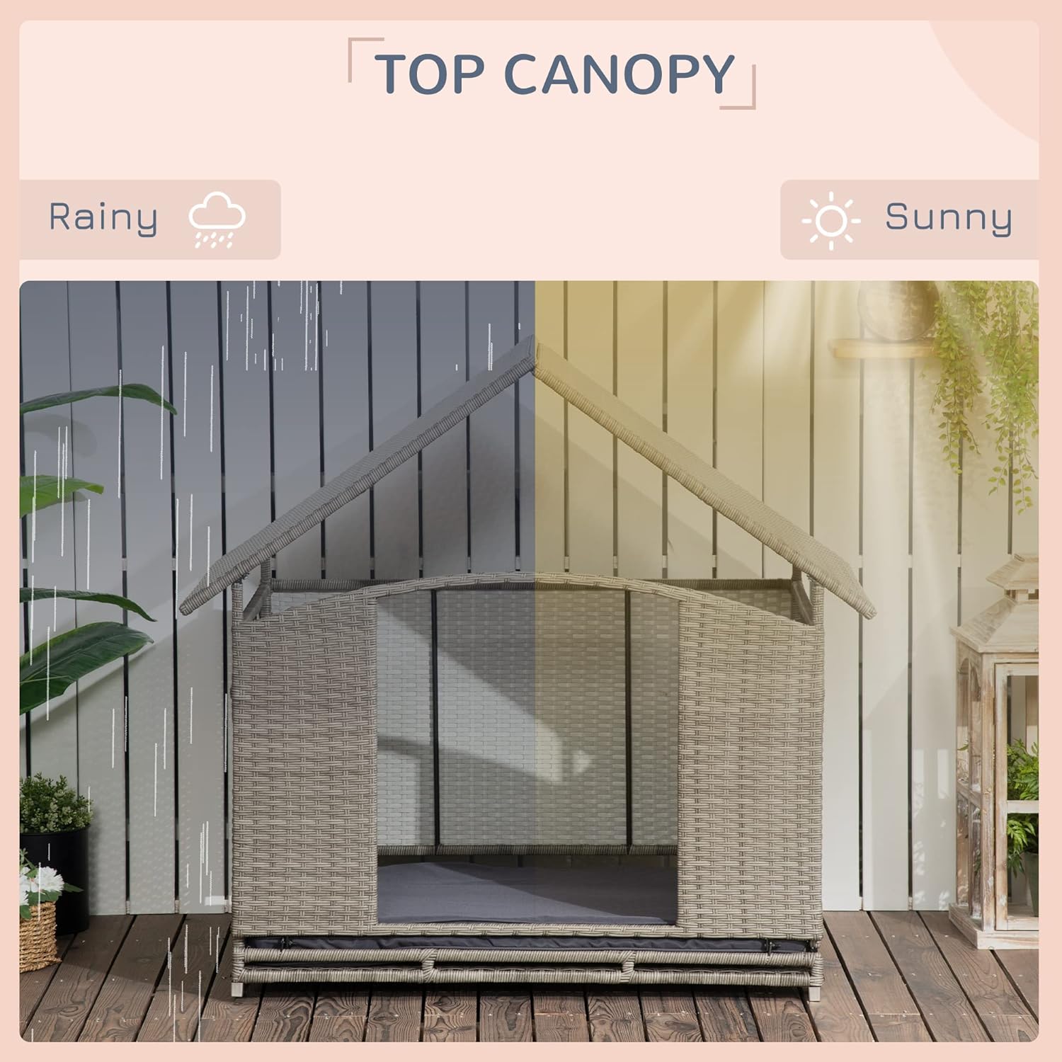 PawHut Wicker Dog House Outdoor with Canopy, Fancy Dog Bed Rattan Outside Dog Shelter with Water-Resistant Soft Cushion, Small Dog House for Medium Dogs
