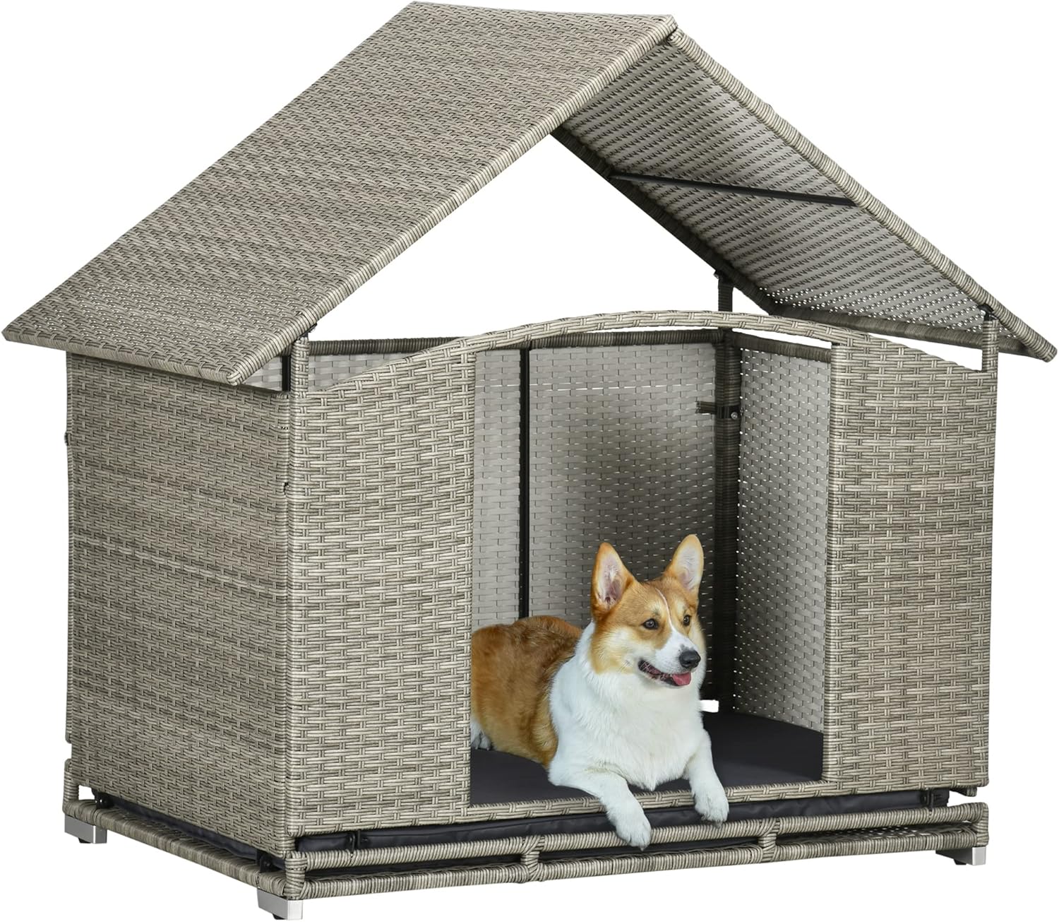 PawHut Wicker Dog House Outdoor with Canopy, Fancy Dog Bed Rattan Outside Dog Shelter with Water-Resistant Soft Cushion, Small Dog House for Medium Dogs