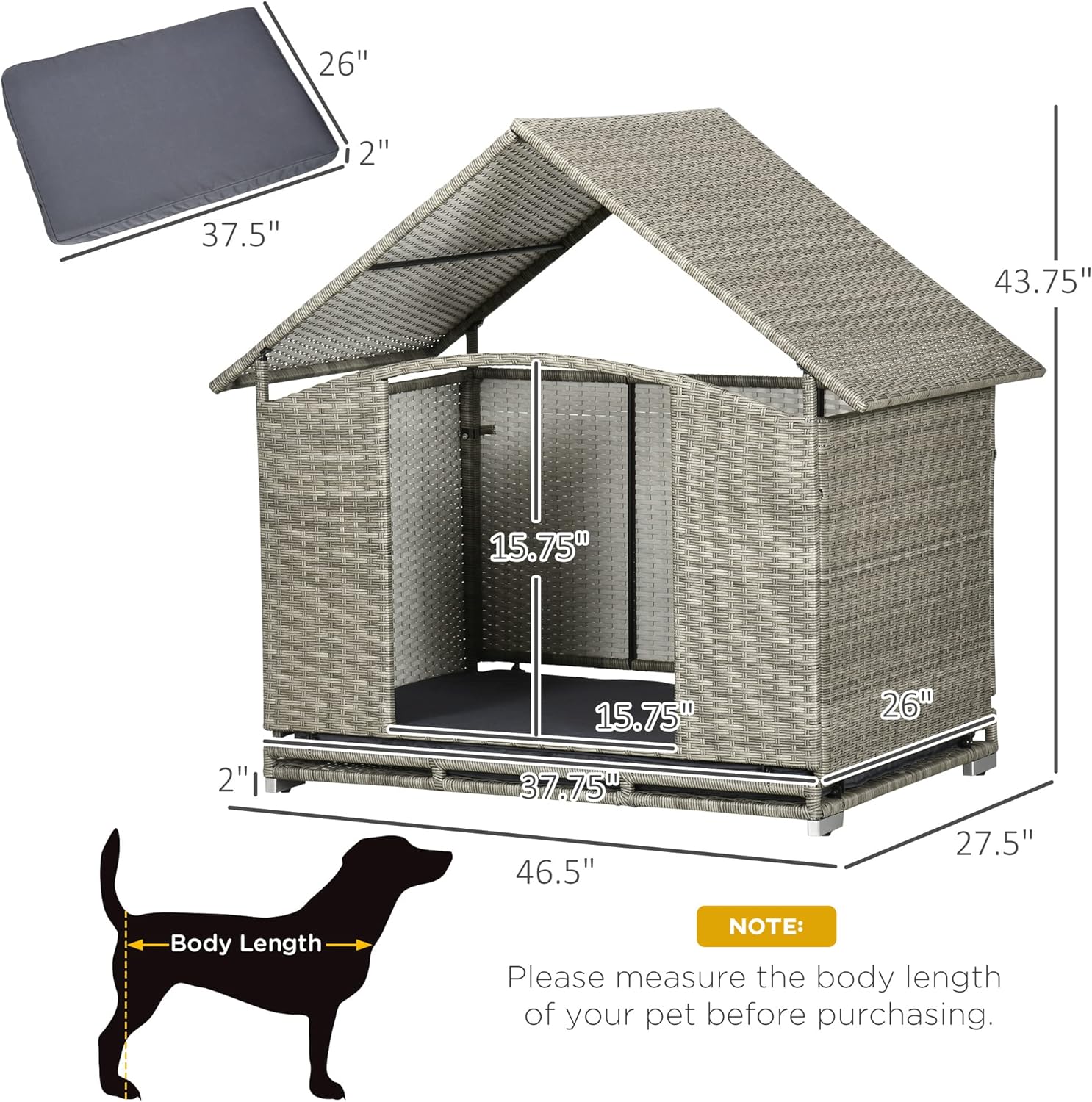 PawHut Wicker Dog House Outdoor with Canopy, Fancy Dog Bed Rattan Outside Dog Shelter with Water-Resistant Soft Cushion, Small Dog House for Medium Dogs
