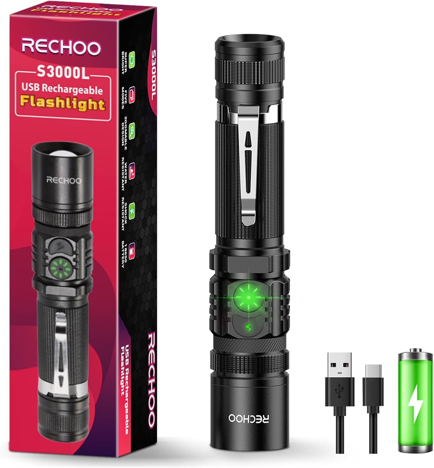 RECHOO Rechargeable Flashlights High Lumens, Double Switch S3000L LED Flashlight, Super Bright 5 Modes Zoomable Waterproof EDC Flashlights for Home, Emergncies, Camping(Battery Included) 1 Pack