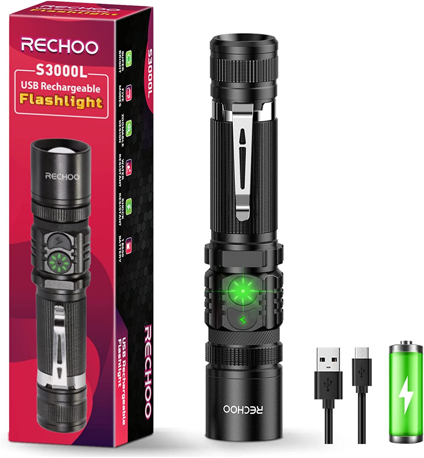 RECHOO Flashlight USB Rechargeable Double Switch S3000L LED Tactical Flashlight High Lumens Super Bright 5 Modes Zoomable Waterproof Flashlight for Camping, Emergency (Battery Included) 1-pack