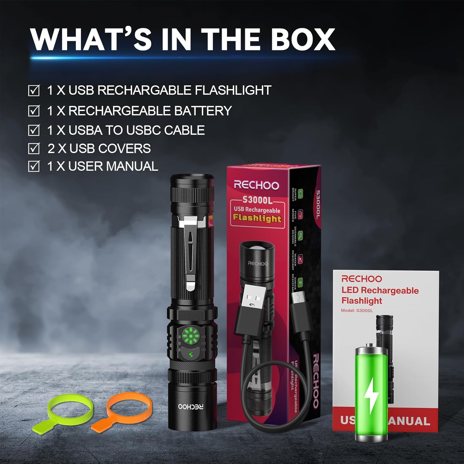 RECHOO Rechargeable Flashlights High Lumens, Double Switch S3000L LED Flashlight, Super Bright 5 Modes Zoomable Waterproof EDC Flashlights for Home, Emergncies, Camping(Battery Included) 1 Pack