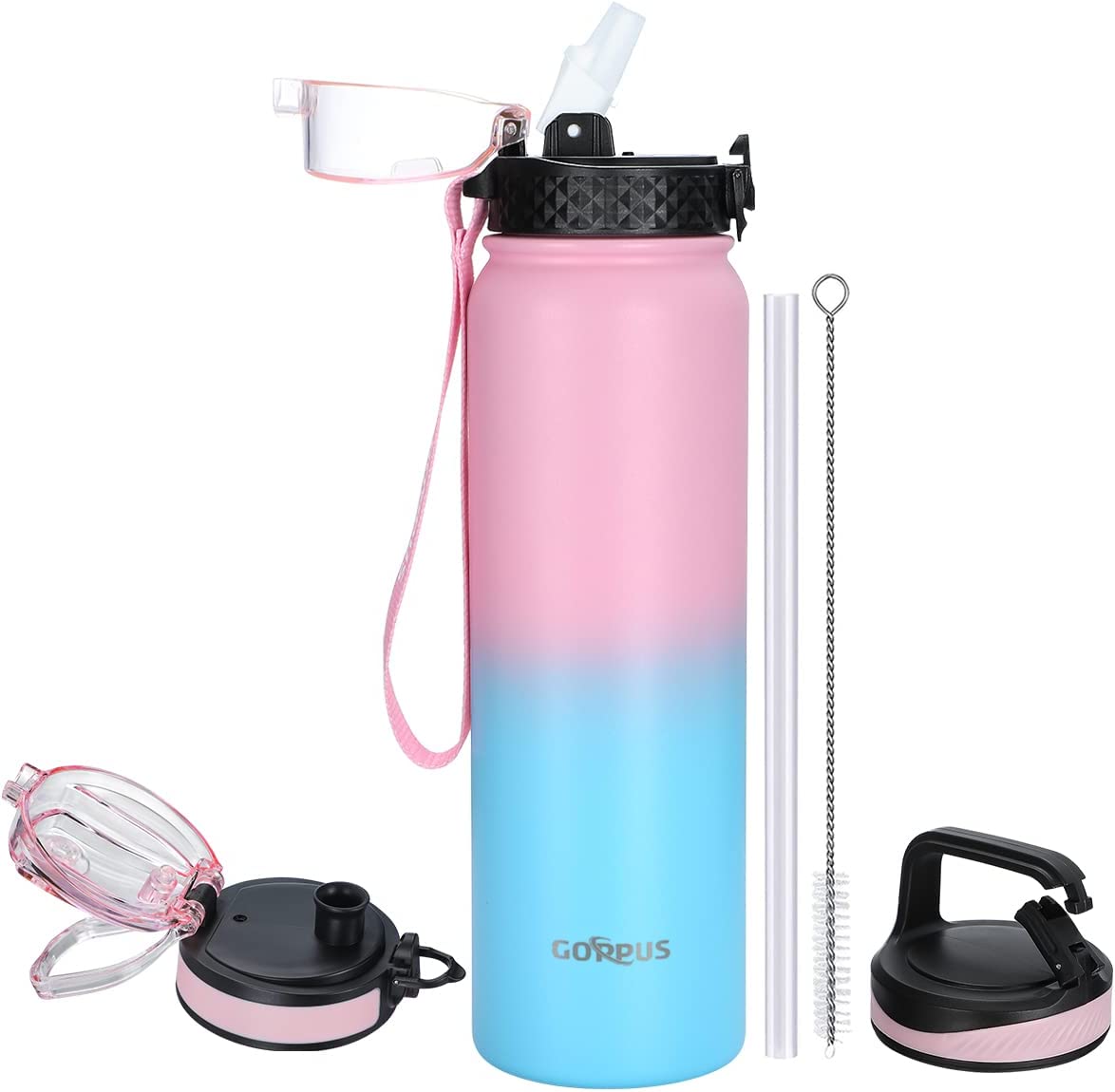 GOPPUS 32 oz Sports Water Bottle Double Wall Vacuum Insulated Stainless Steel Water Bottle with Straw Spout Wide mouth Lid Strainer Reusable Leakproof Metal water bottles with Strap Handle (3 lids) 32 oz(3 Lid) pink blue1000