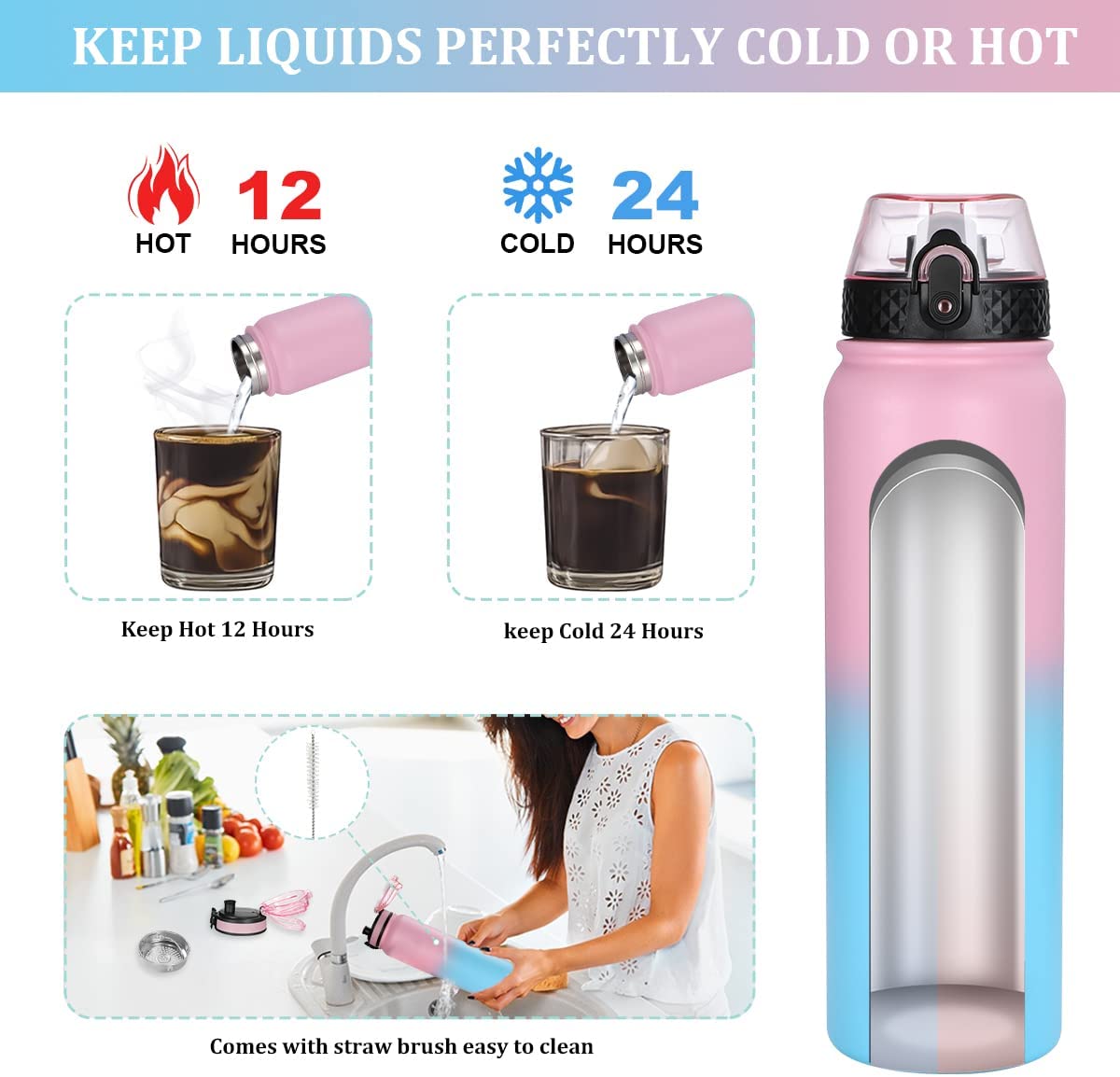 GOPPUS 32 oz Sports Water Bottle Double Wall Vacuum Insulated Stainless Steel Water Bottle with Straw Spout Wide mouth Lid Strainer Reusable Leakproof Metal water bottles with Strap Handle (3 lids) 32 oz(3 Lid) pink blue1000