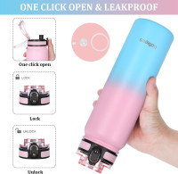 GOPPUS 32 oz Sports Water Bottle Double Wall Vacuum Insulated Stainless Steel Water Bottle with Straw Spout Wide mouth Lid Strainer Reusable Leakproof Metal water bottles with Strap Handle (3 lids) 32 oz(3 Lid) pink blue1000