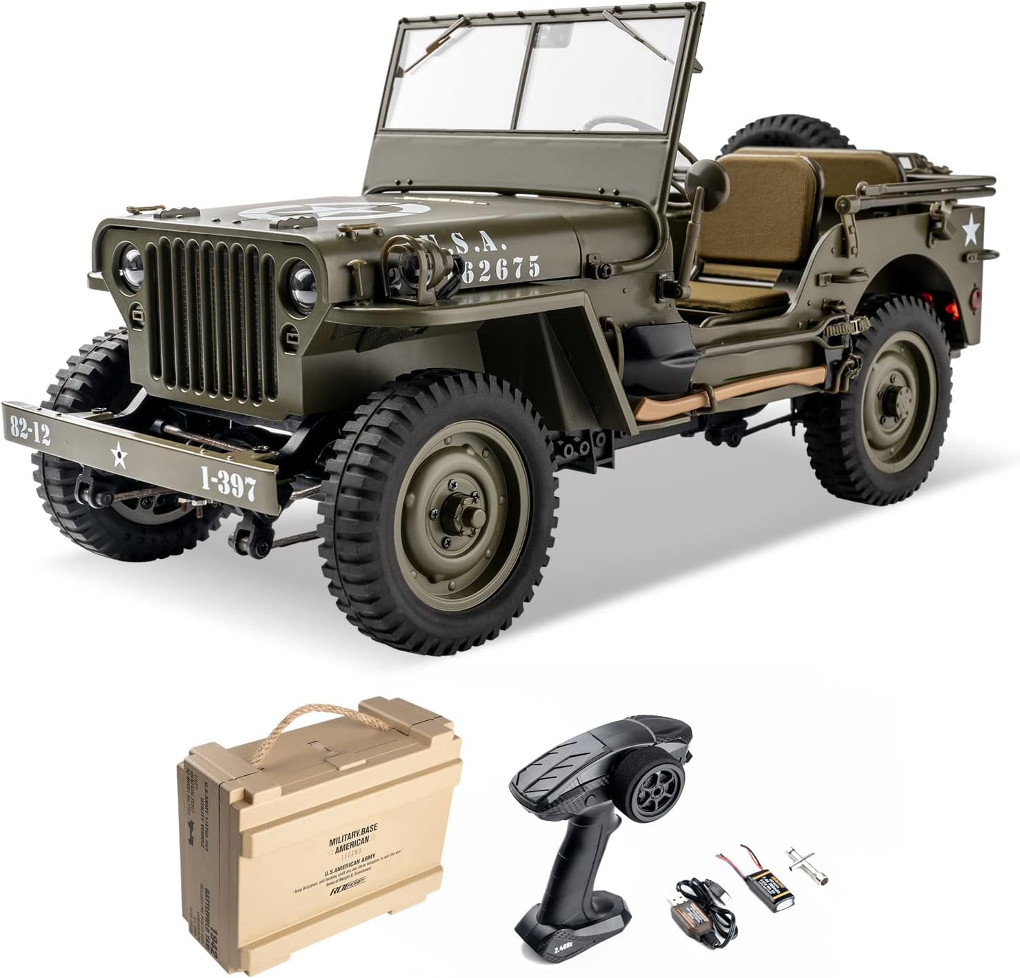 WOWRC RocHobby 1/12 1941 MB Scaler RC Jeep, 4x4 Hobby Grade RTR RC Car Mini RC Rock Crawler Military, 2.4Ghz RC Truck with 180 Brushed Motor, LED Lights, Battery and USB Charger for Adults 1-12