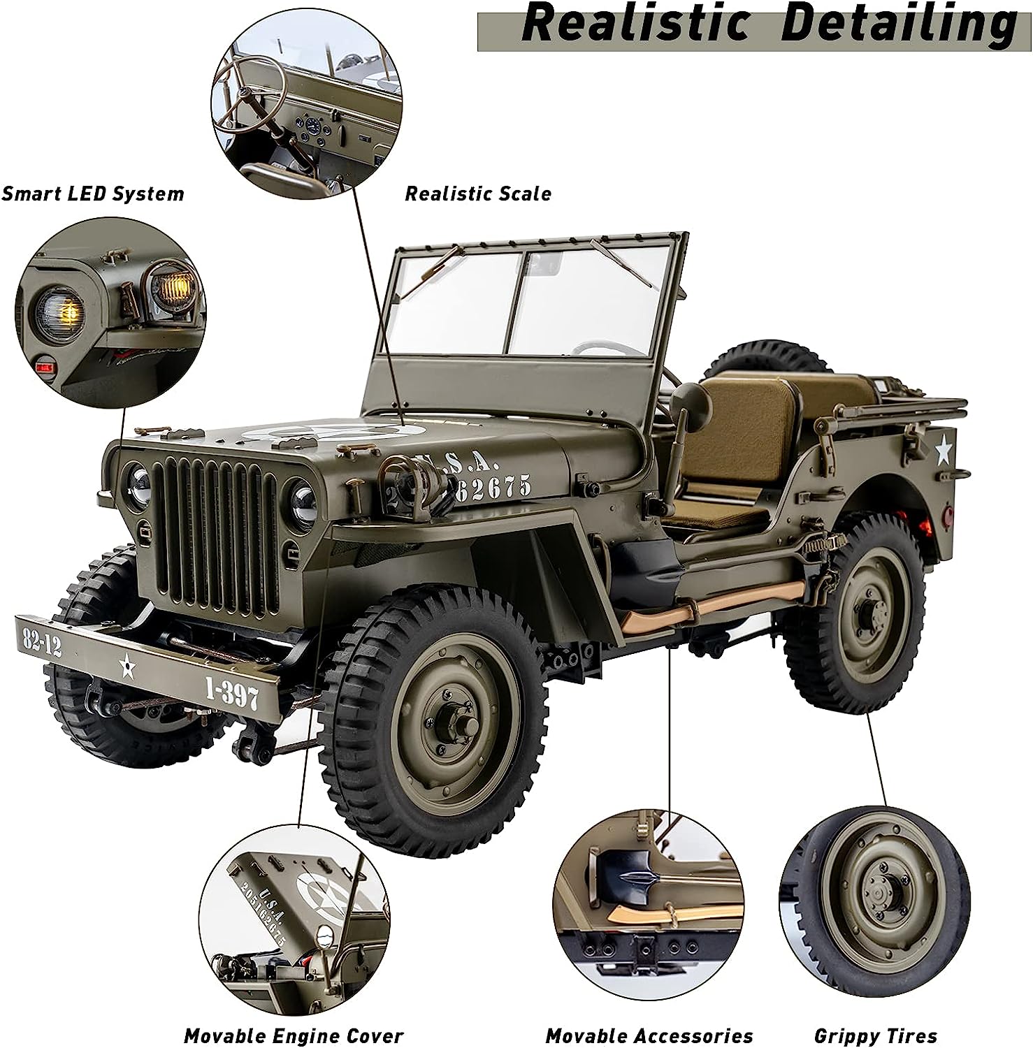 WOWRC RocHobby 1/12 1941 MB Scaler RC Jeep, 4x4 Hobby Grade RTR RC Car Mini RC Rock Crawler Military, 2.4Ghz RC Truck with 180 Brushed Motor, LED Lights, Battery and USB Charger for Adults 1-12