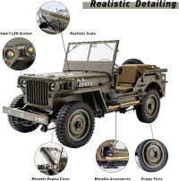 WOWRC RocHobby 1/12 1941 MB Scaler RC Jeep, 4x4 Hobby Grade RTR RC Car Mini RC Rock Crawler Military, 2.4Ghz RC Truck with 180 Brushed Motor, LED Lights, Battery and USB Charger for Adults 1-12