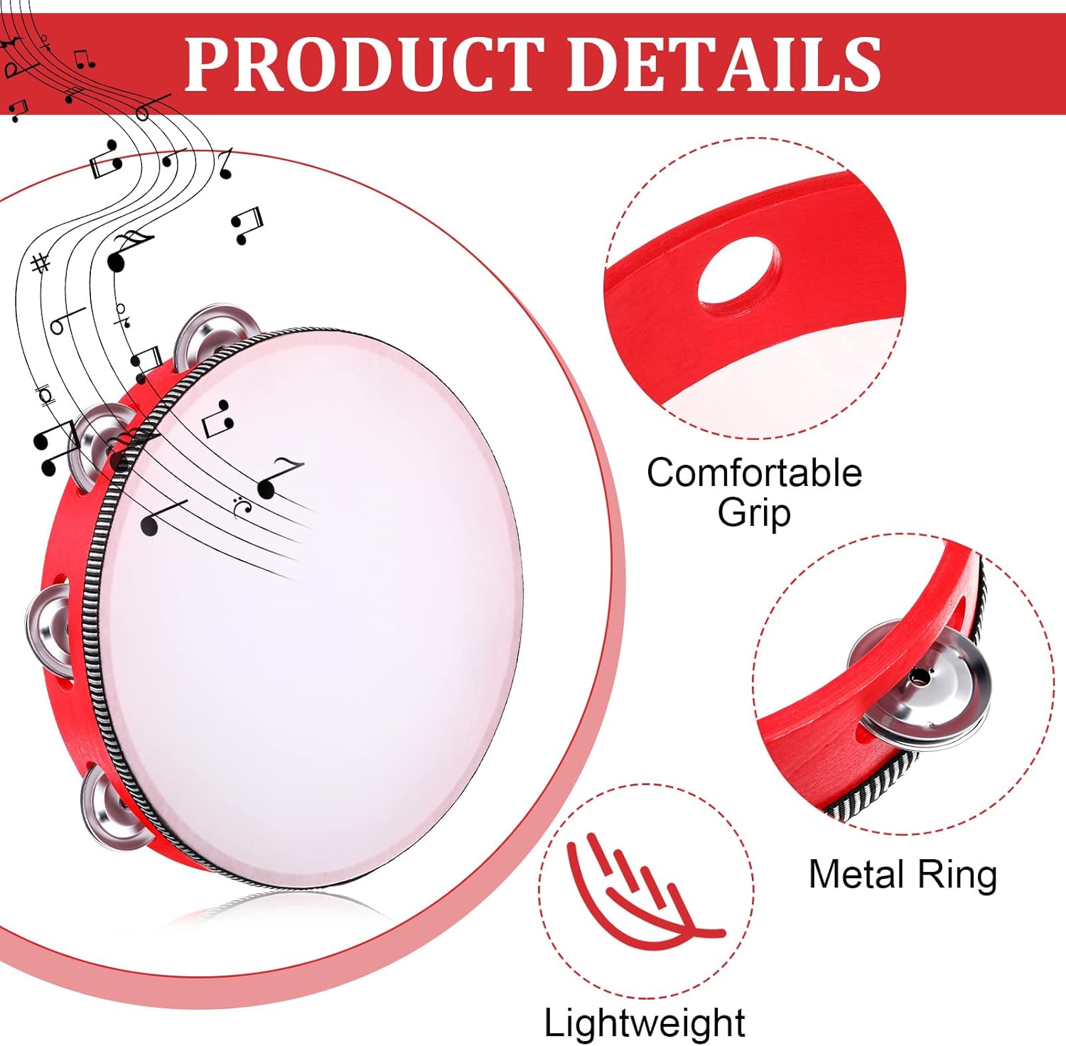 8 Pcs Tambourine for Adults, Handheld Wood Tambourine 4 Size Single Row Metal Jingles Musical Educational Gift Rhythm Percussion Instrument for Church Wedding Party Favor