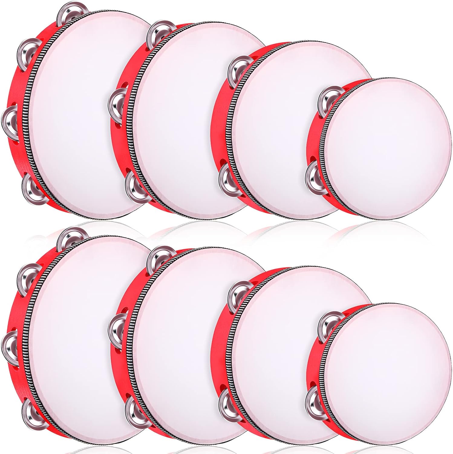 8 Pcs Tambourine for Adults, Handheld Wood Tambourine 4 Size Single Row Metal Jingles Musical Educational Gift Rhythm Percussion Instrument for Church Wedding Party Favor