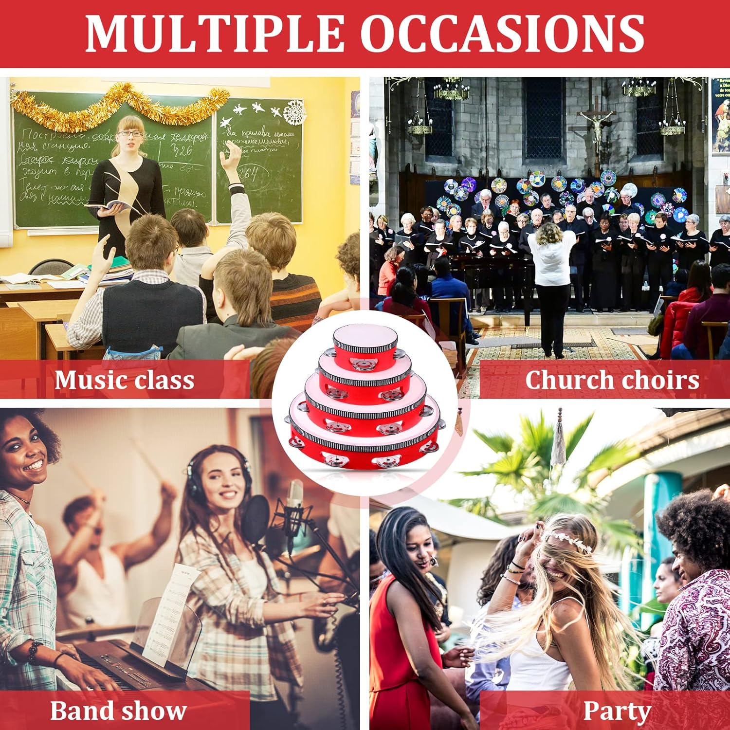 8 Pcs Tambourine for Adults, Handheld Wood Tambourine 4 Size Single Row Metal Jingles Musical Educational Gift Rhythm Percussion Instrument for Church Wedding Party Favor