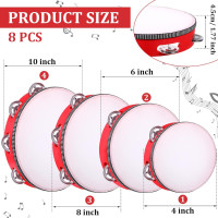 8 Pcs Tambourine for Adults, Handheld Wood Tambourine 4 Size Single Row Metal Jingles Musical Educational Gift Rhythm Percussion Instrument for Church Wedding Party Favor