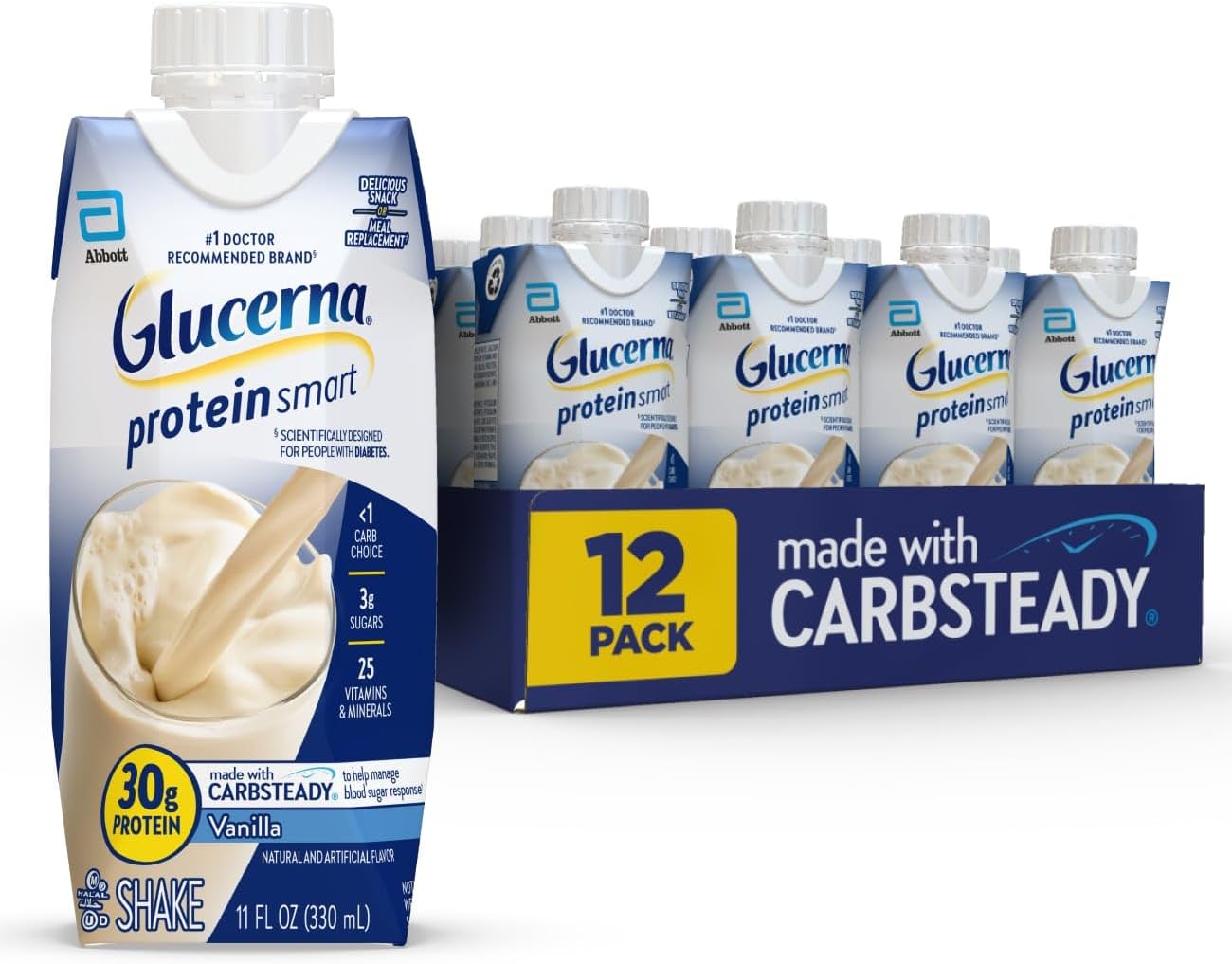 Glucerna Protein Smart Shake, Diabetic Drink to Support Blood Sugar Management, 30g Protein, 150 Calories, Vanilla, 11-fl-oz Bottle, 12 Count