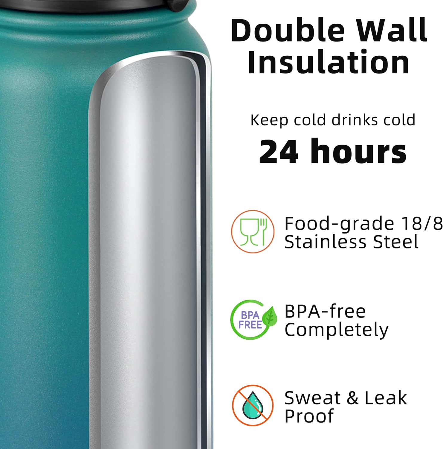 Fanhaw 20 Oz Insulated Stainless Steel Water Bottle with Chug Lid - Leak & Sweat Proof with Anti-Dust Lid (Green Blue) 20 Ounces Green Blue