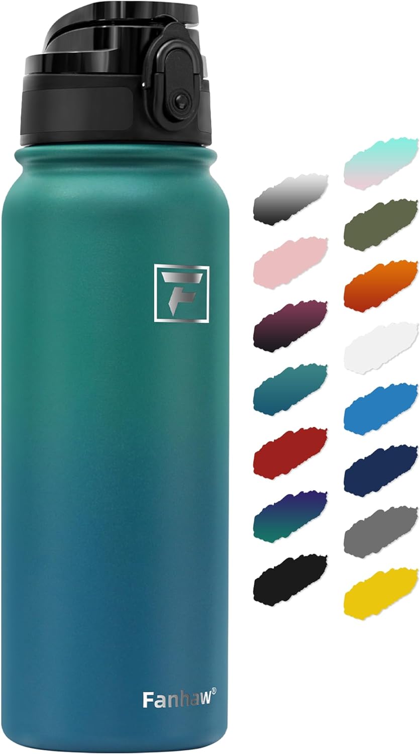 Fanhaw 20 Oz Insulated Stainless Steel Water Bottle with Chug Lid - Leak & Sweat Proof with Anti-Dust Lid (Green Blue) 20 Ounces Green Blue