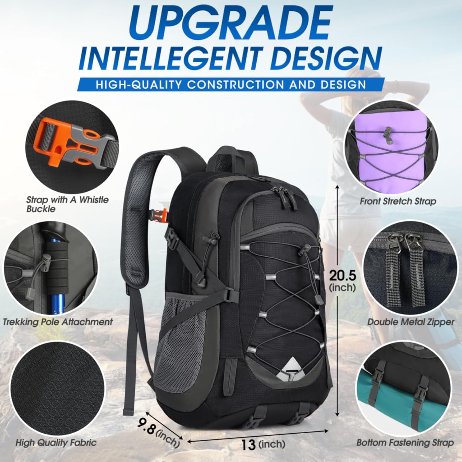 IGOLUMON Hiking Backpack 40L Packable Lightweight Camping Backpack Men Women Waterproof Hiking Daypack Outdoor Travel Daypack Black