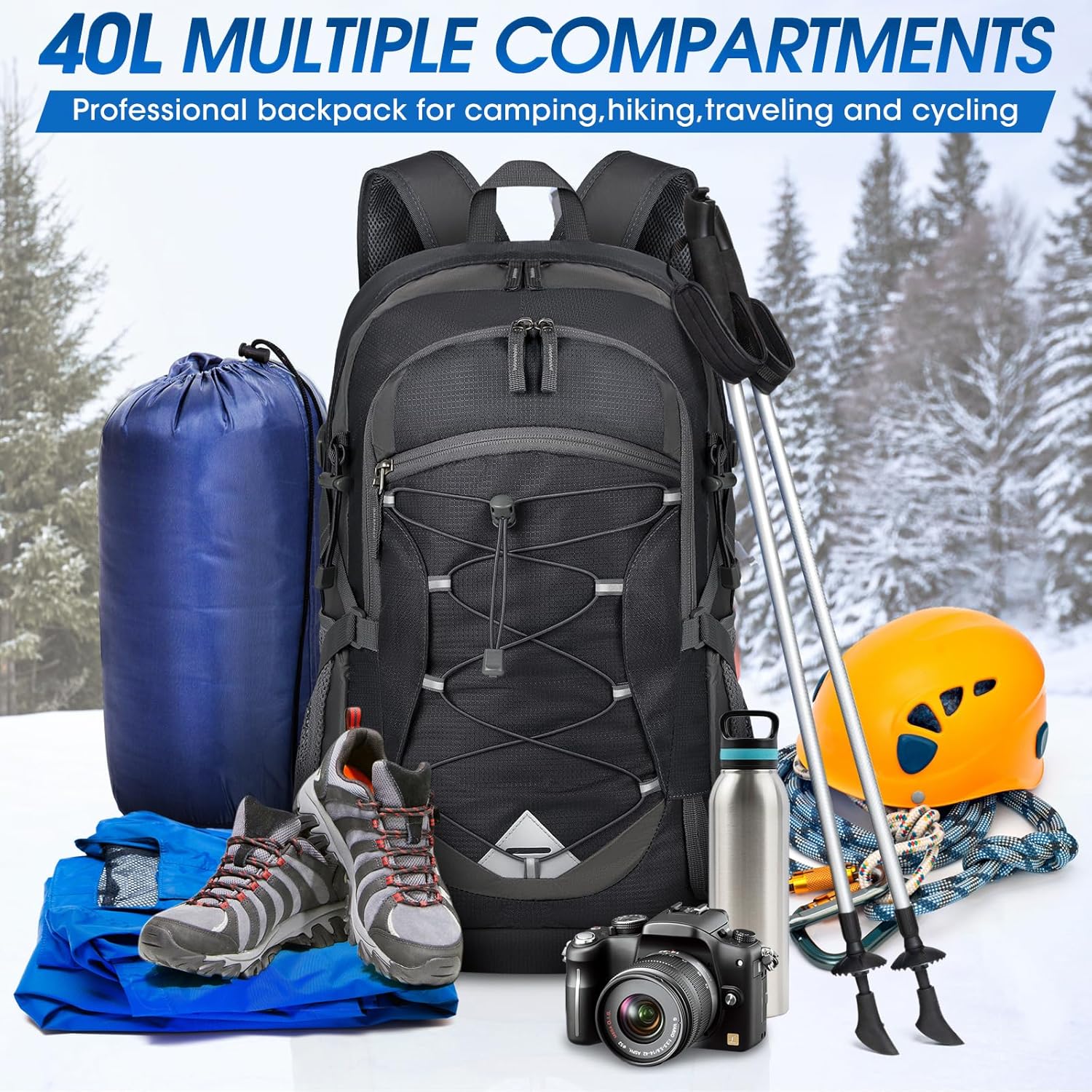 IGOLUMON Hiking Backpack 40L Packable Lightweight Camping Backpack Men Women Waterproof Hiking Daypack Outdoor Travel Daypack Black