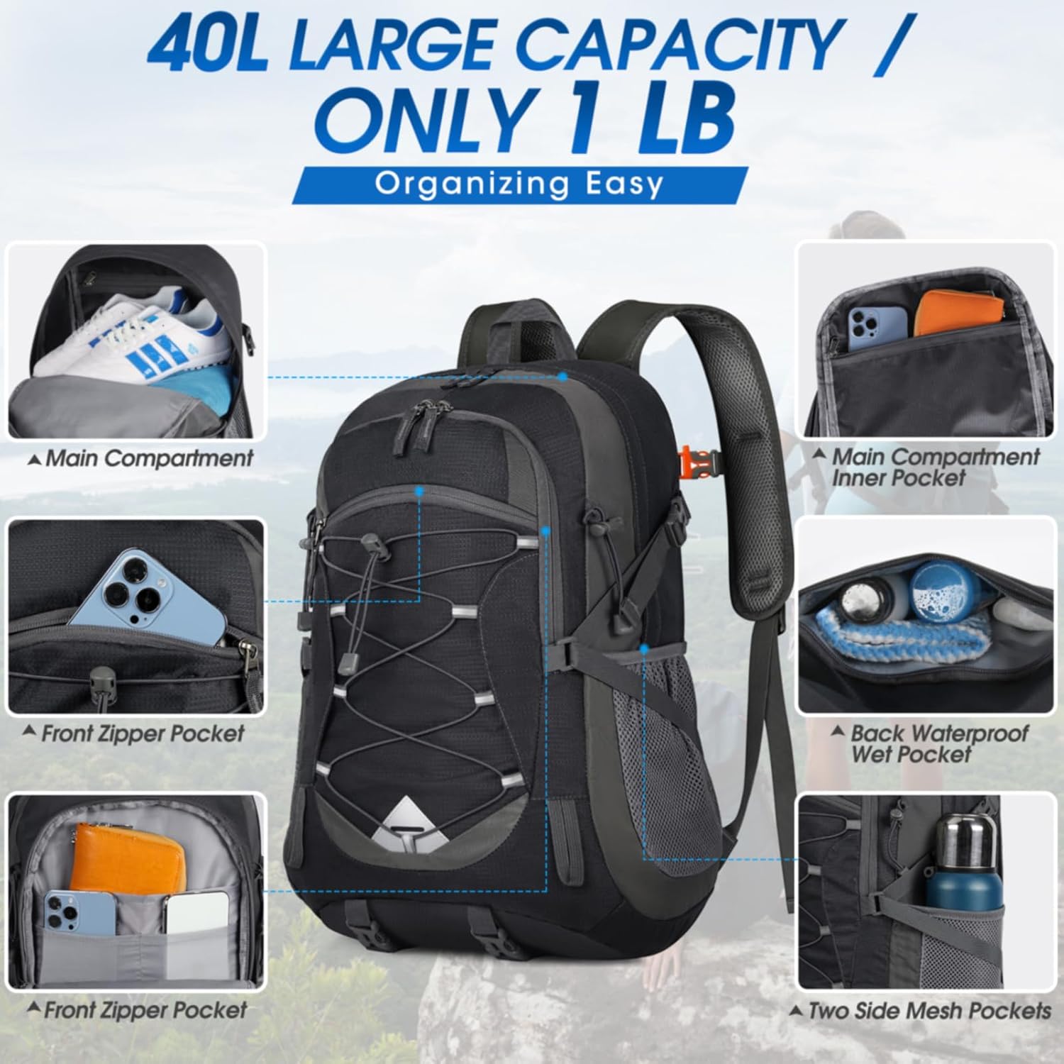 IGOLUMON Hiking Backpack 40L Packable Lightweight Camping Backpack Men Women Waterproof Hiking Daypack Outdoor Travel Daypack Black