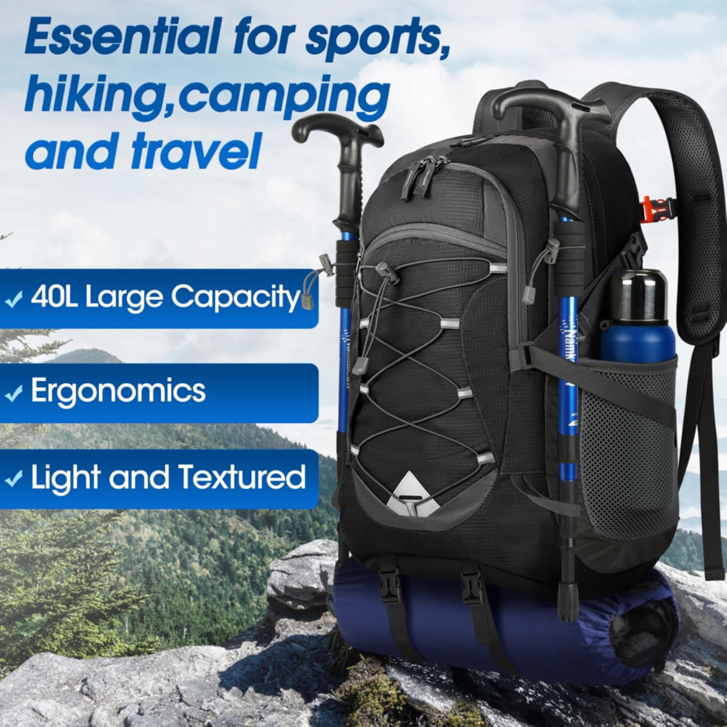IGOLUMON Hiking Backpack 40L Packable Lightweight Camping Backpack Men Women Waterproof Hiking Daypack Outdoor Travel Daypack Black