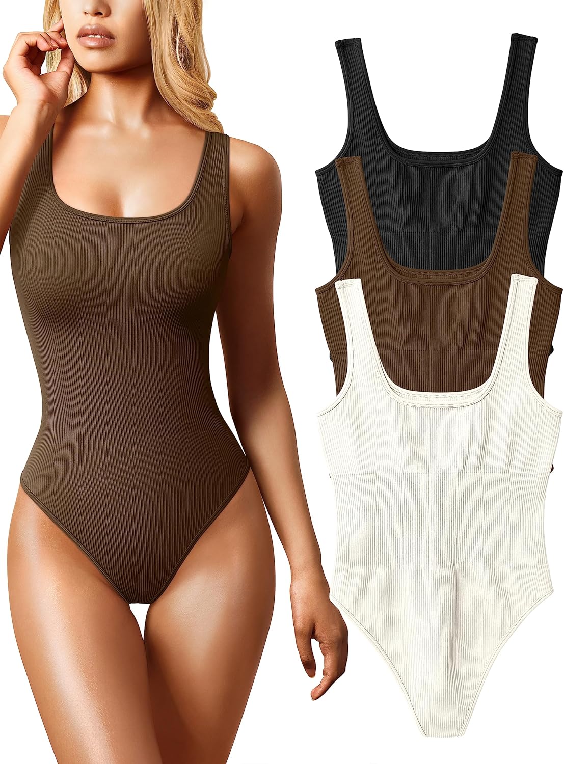 OQQ Women's 3 Piece Bodysuits Sexy Ribbed Sleeveless Square Neck Tank Tops Leotard 2025 Trendy Outfits Black Coffee Beige Small