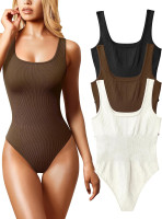 OQQ Women's 3 Piece Bodysuits Sexy Ribbed Sleeveless Square Neck Tank Tops Leotard 2025 Trendy Outfits Black Coffee Beige Small