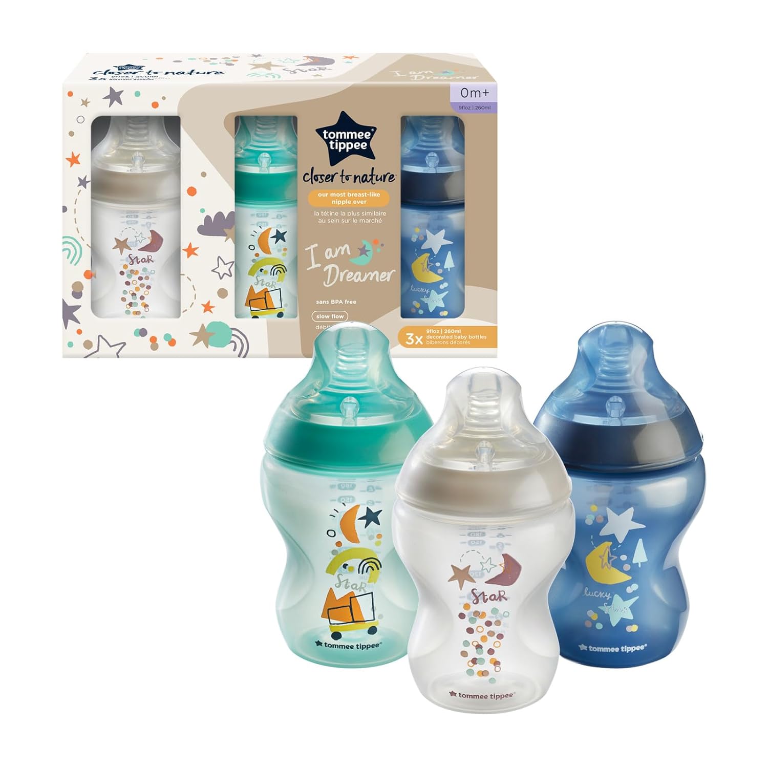 Tommee Tippee Closer To Nature Anti-Colic Baby Bottle, 9oz, Slow-Flow Breast-Like Nipple for a Natural Latch, Anti-Colic Valve, Pack of 3, I Am Dreamer Dreamy Night 1 Count (Pack of 3)