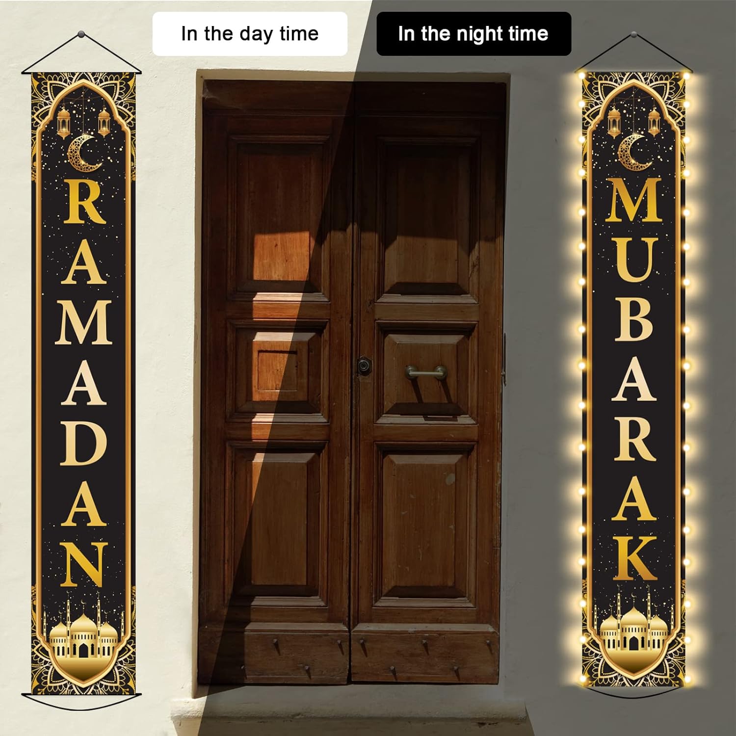 ZOIIWA Eid Mubarak Front Door Banners Lighted Decorations Ramadan Porch Sign with LED Light Black Gold Moon Lantern Door Sign Hanging Banner for Ramadan Eid Mubarak Party Outside Lighted Decor