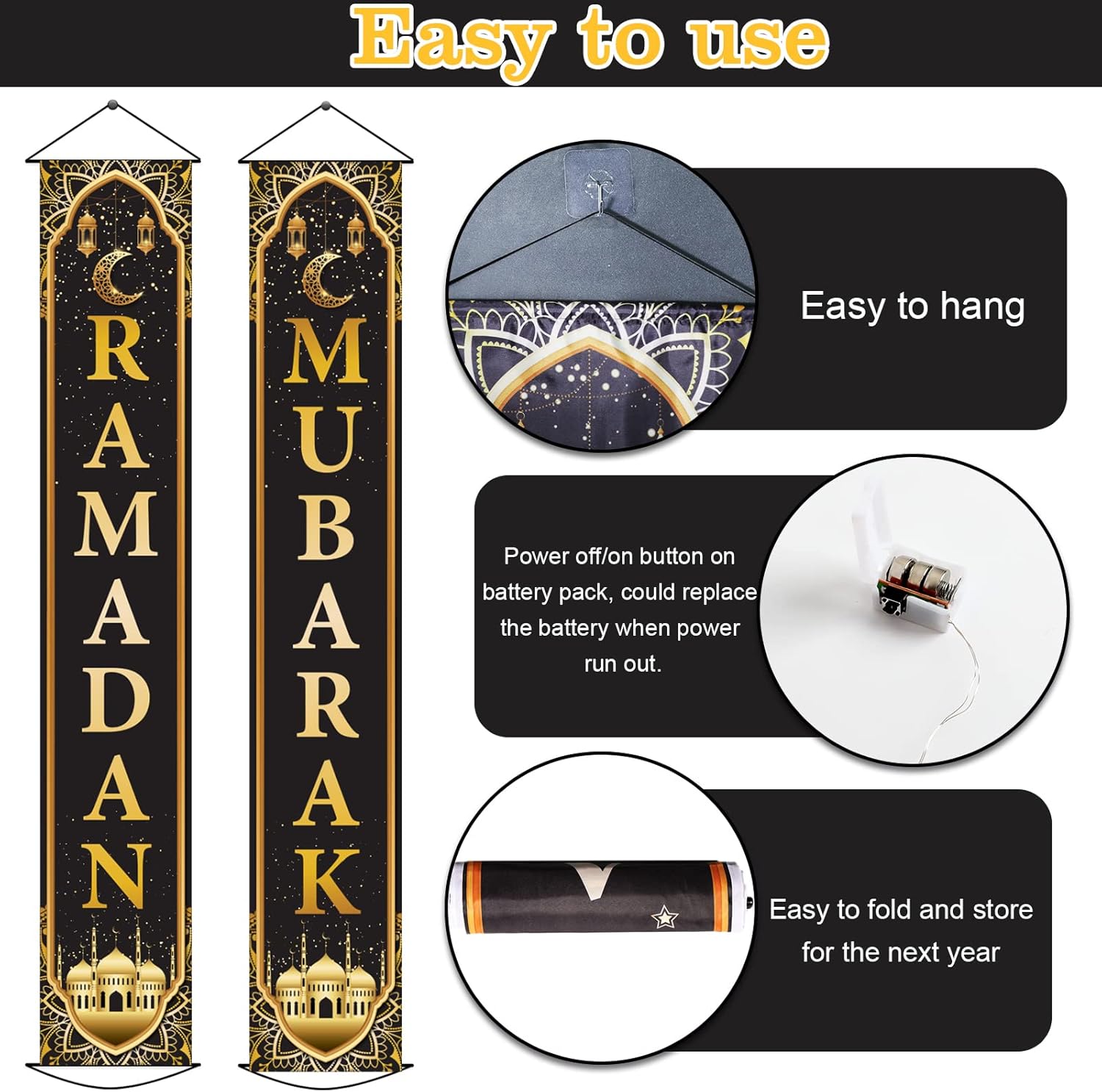 ZOIIWA Eid Mubarak Front Door Banners Lighted Decorations Ramadan Porch Sign with LED Light Black Gold Moon Lantern Door Sign Hanging Banner for Ramadan Eid Mubarak Party Outside Lighted Decor