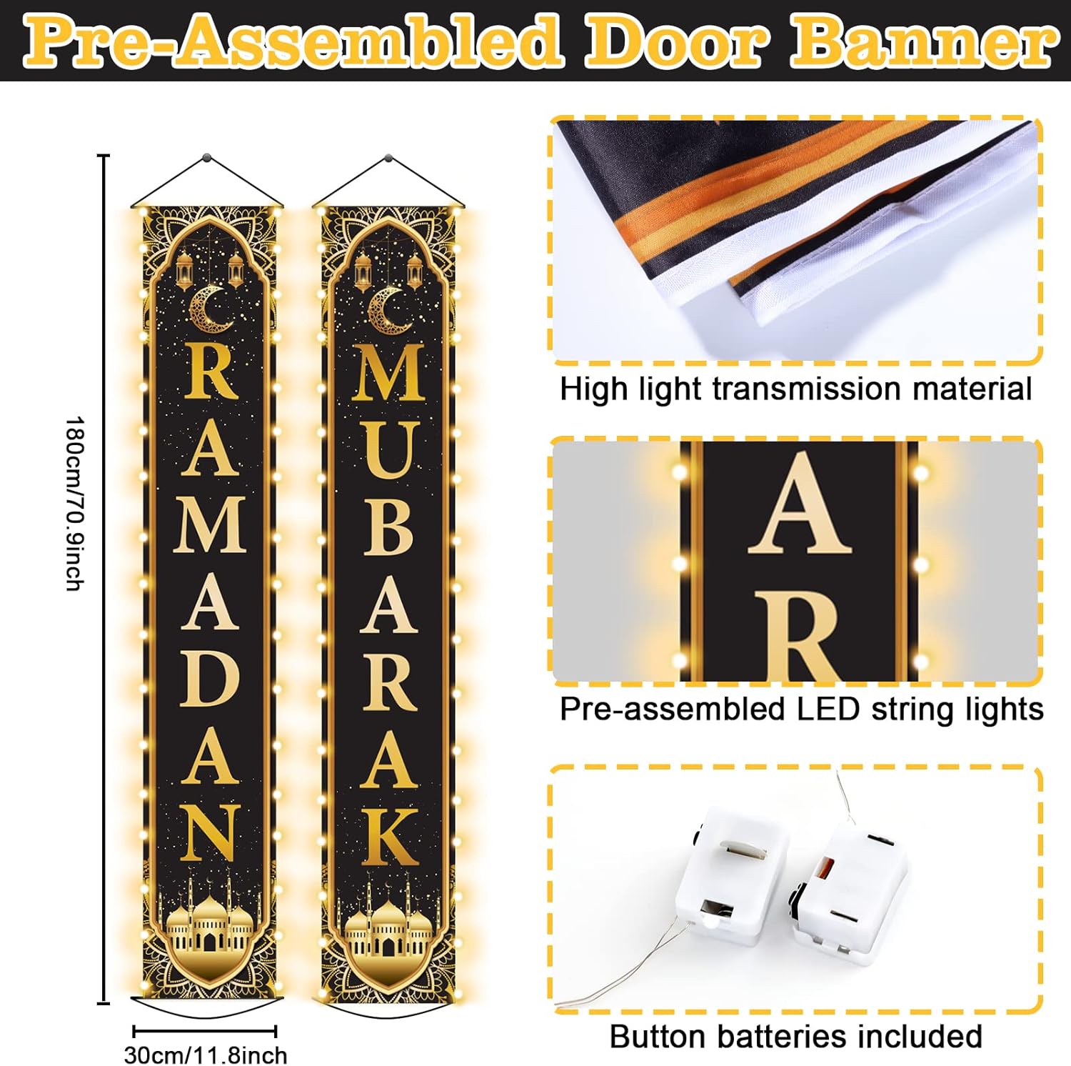 ZOIIWA Eid Mubarak Front Door Banners Lighted Decorations Ramadan Porch Sign with LED Light Black Gold Moon Lantern Door Sign Hanging Banner for Ramadan Eid Mubarak Party Outside Lighted Decor